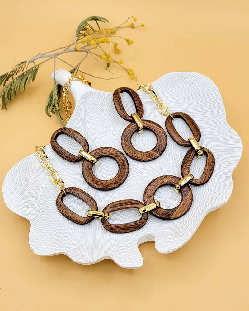 Ahşap Geometrik Kolye Küpe Set - 1